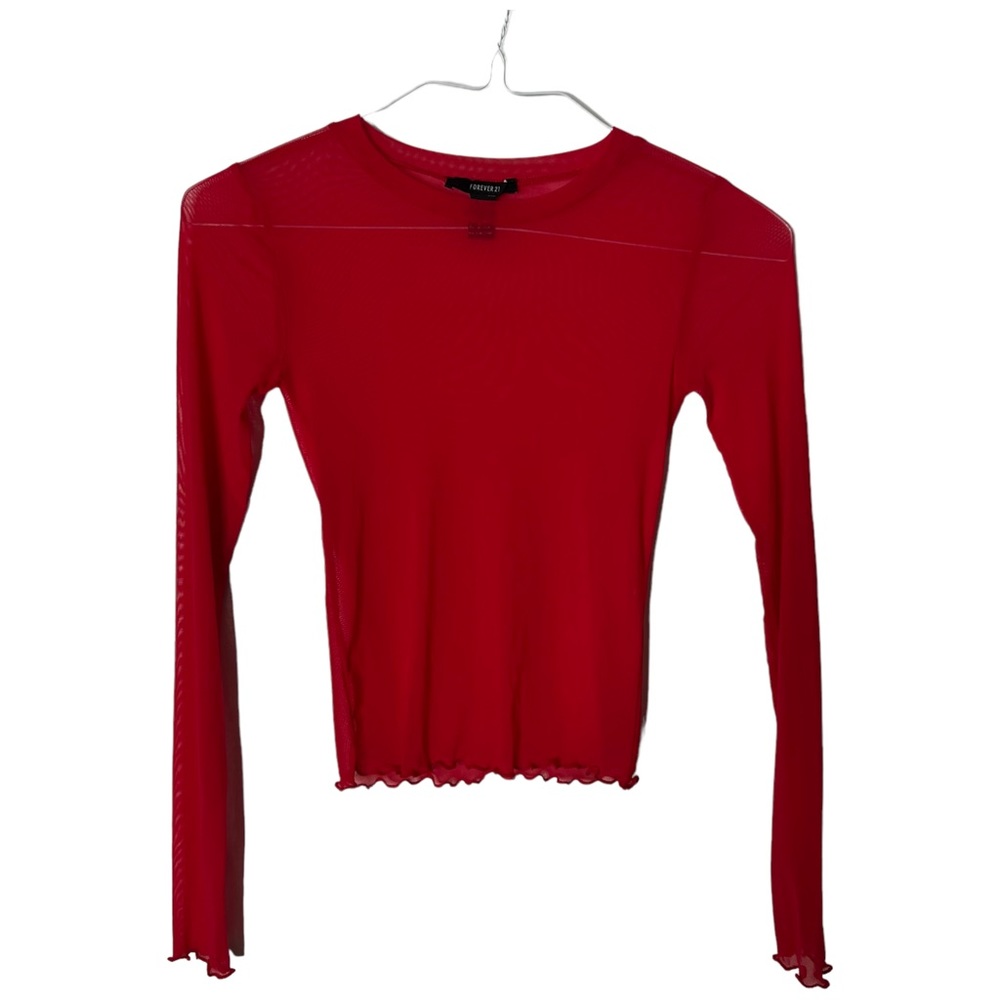 Forever 21 Red Mesh Long Sleeve Lettuce Trim Shirt Size Medium Layering Grunge